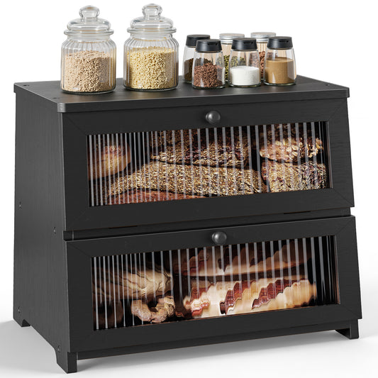 Kitsure Bread Box - Bouble-Layer Bamboo Bread Box for Kitchen Countertop with Magnetic Acrylic Doors, Kitchen Countertop Organize for Snack, Bread Storage, 14.8" x 8.3" x 12.9", Black