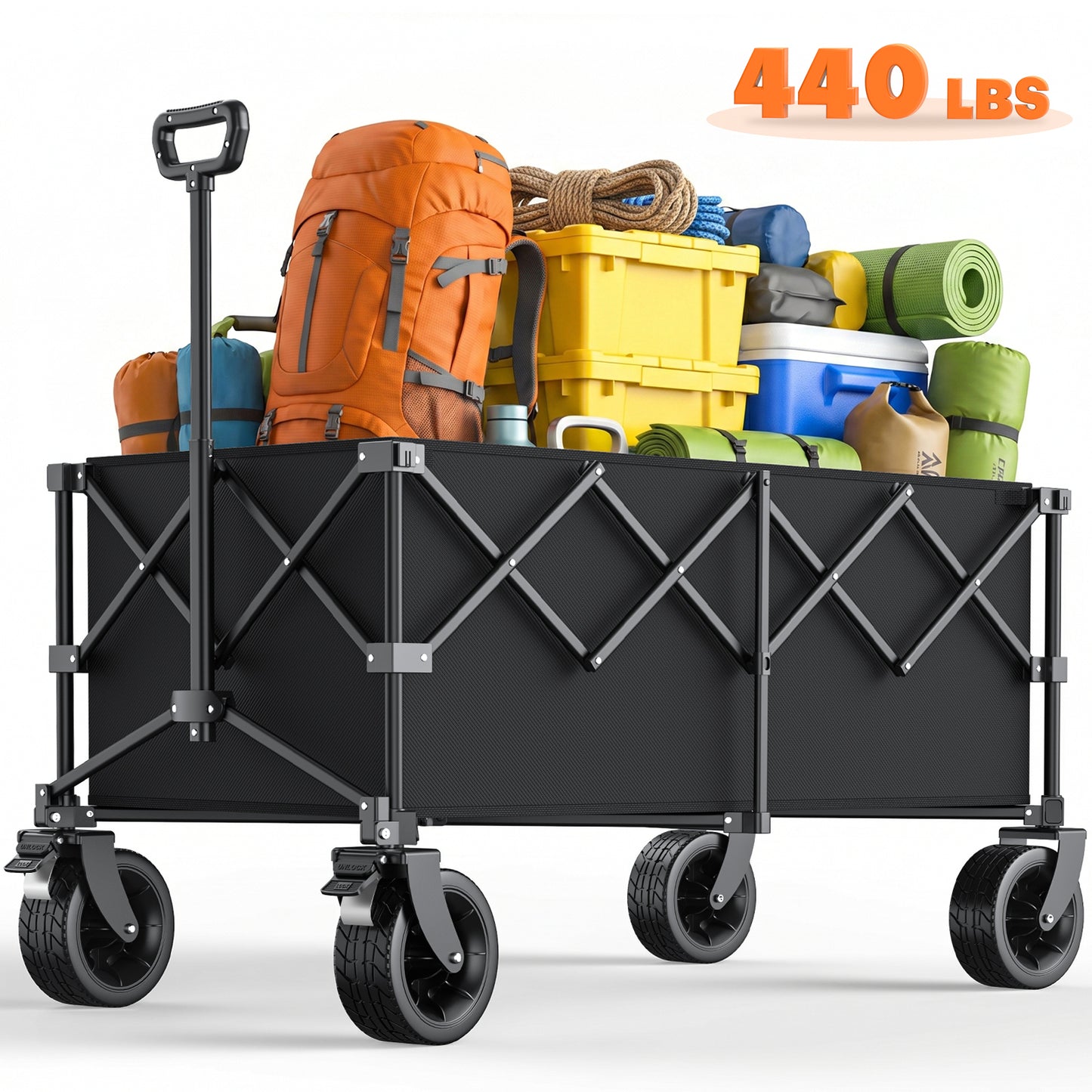 Kitsure Collapsible Wagon, 440LBS Heavy-Duty Wagon Cart Foldable, Shopping Cart with Wheels & Adjustable Handles, for Camping, Sports, Gardening, Black