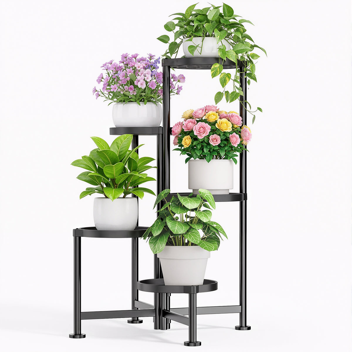 Kitsure 5-Tier Plant Stand for Indoor & Outdoor, Stable Tiered Plant Shelf with Deep Trays, Leveling Feet, Black