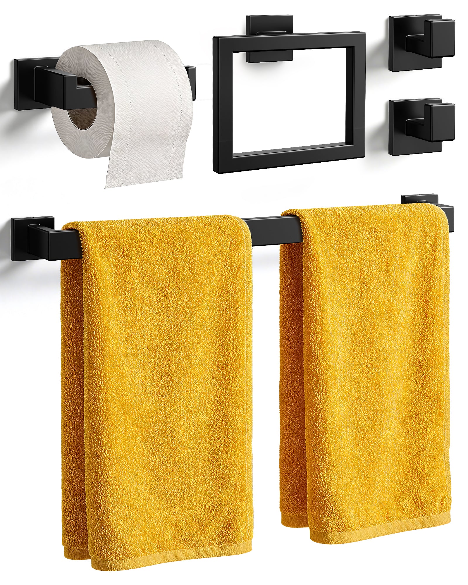 Kitsure 5-Pieces Bathroom Hardware Accessories Set, Rustproof Towel Racks for Bathroom Wall Mounted, 16" Towel Bar, Toilet Paper Holder, Ring & 2 Hooks, Matte Black