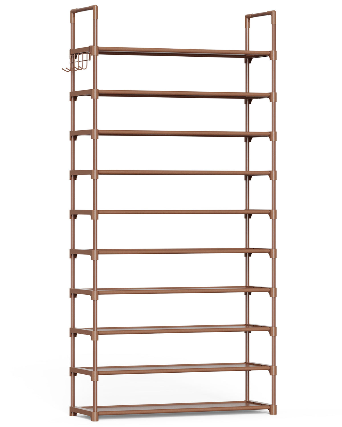 Kitsure 10-Tier Shoe Rack Organizer with Hooks for Closet, 32" x 11.5" x 68", Brown