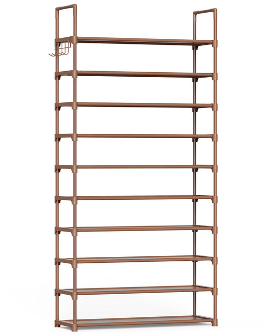 Kitsure 10-Tier Shoe Rack Organizer with Hooks for Closet, 32" x 11.5" x 68", Brown