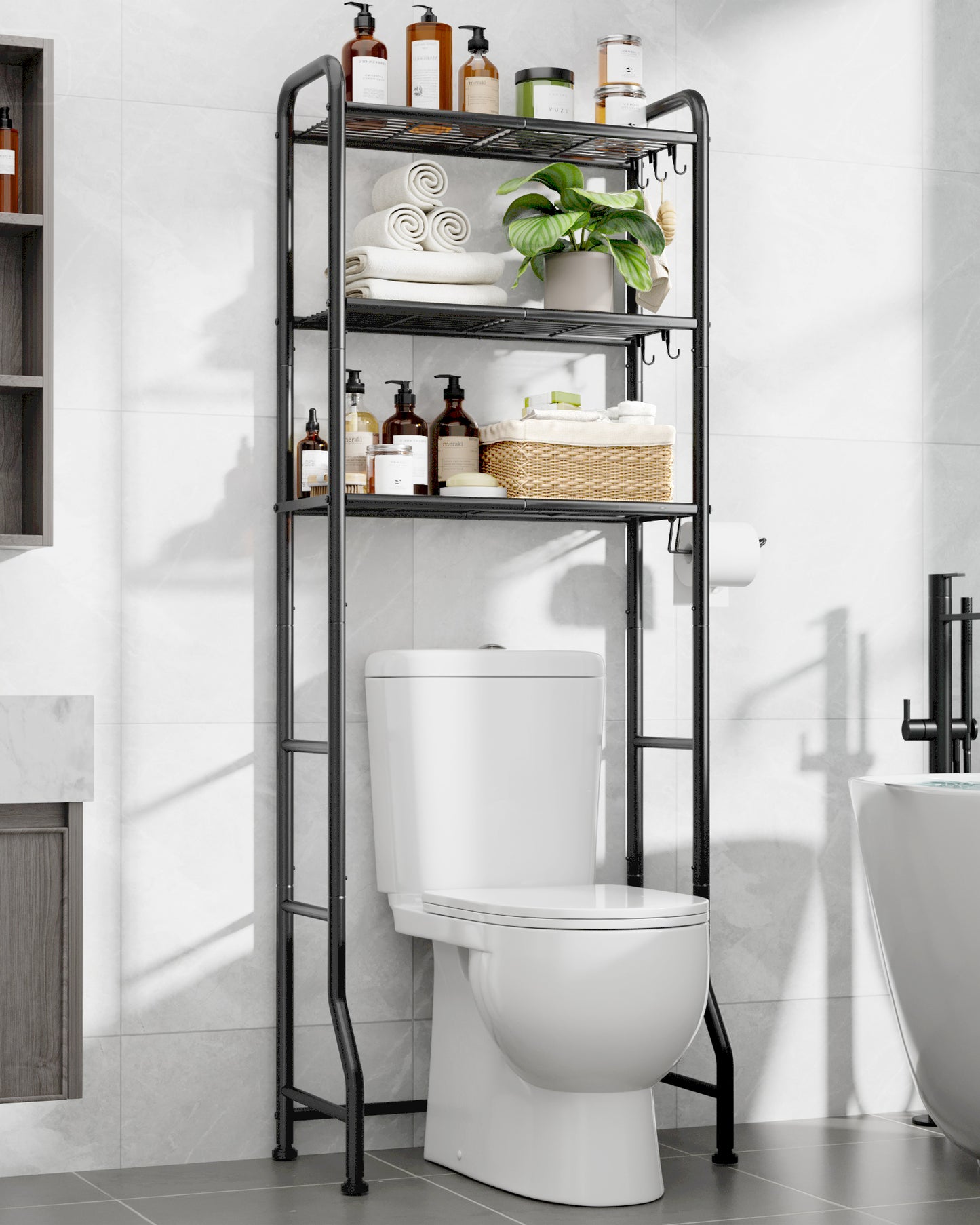 Kitsure Over Toilet Storage Rack - 3-Tier Bathroom Storage Cabinet with Paper Holder and Hooks, Metal Over Toilet Bathroom Organizer Shelf, 24.25" x 12.80" x 63.19"