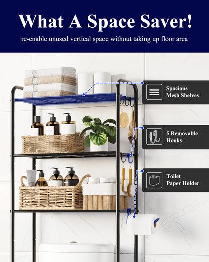 Kitsure Over Toilet Storage Rack - 3-Tier Bathroom Storage Cabinet with Paper Holder and Hooks, Metal Over Toilet Bathroom Organizer Shelf, 24.25" x 12.80" x 63.19"