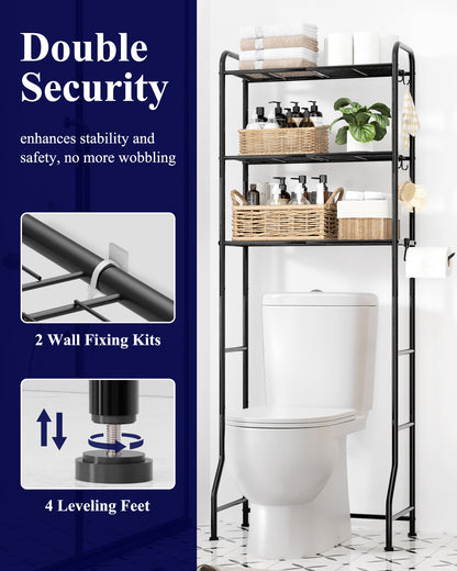 Kitsure Over Toilet Storage Rack - 3-Tier Bathroom Storage Cabinet with Paper Holder and Hooks, Metal Over Toilet Bathroom Organizer Shelf, 24.25" x 12.80" x 63.19"
