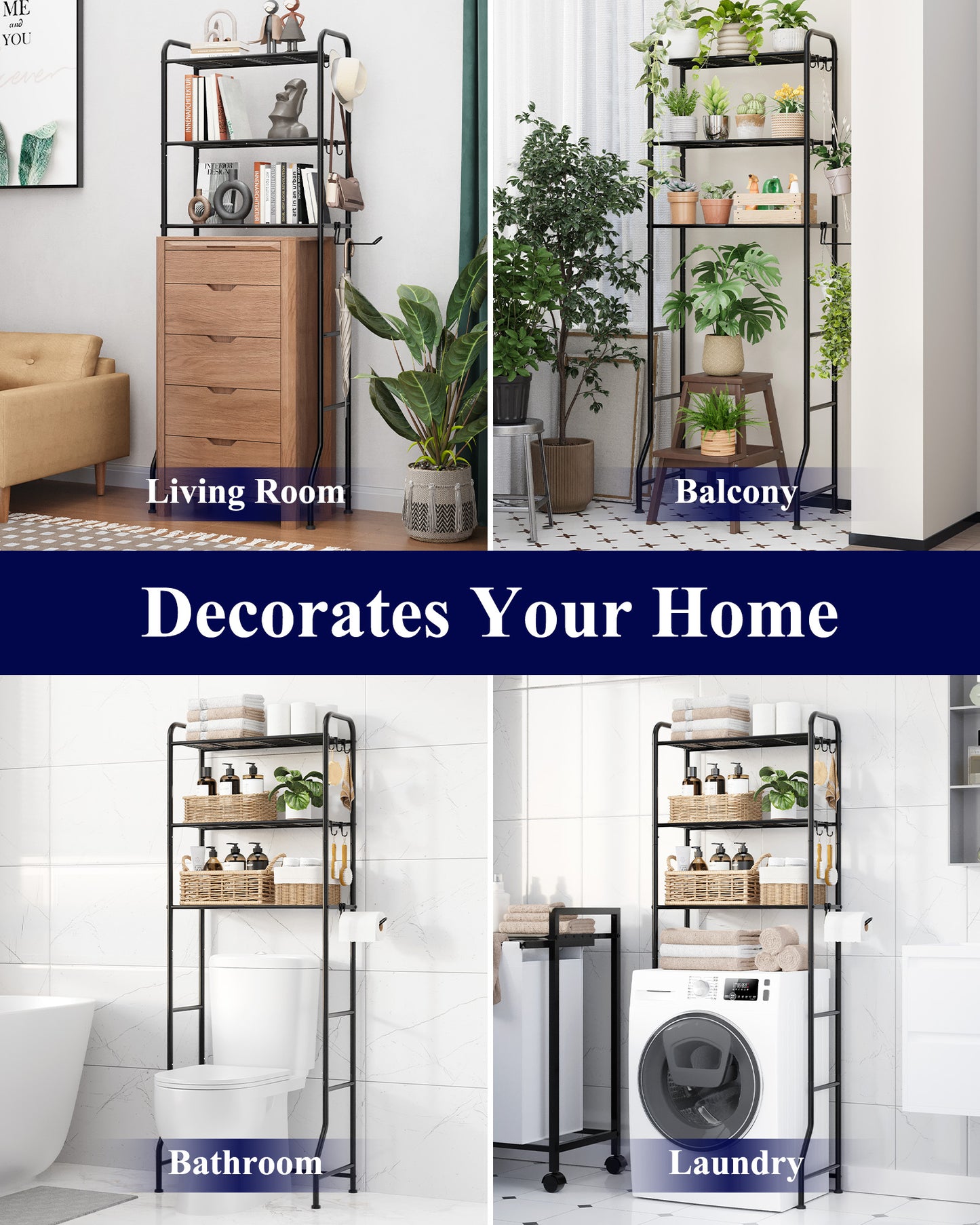 Kitsure Over Toilet Storage Rack - 3-Tier Bathroom Storage Cabinet with Paper Holder and Hooks, Metal Over Toilet Bathroom Organizer Shelf, 24.25" x 12.80" x 63.19"