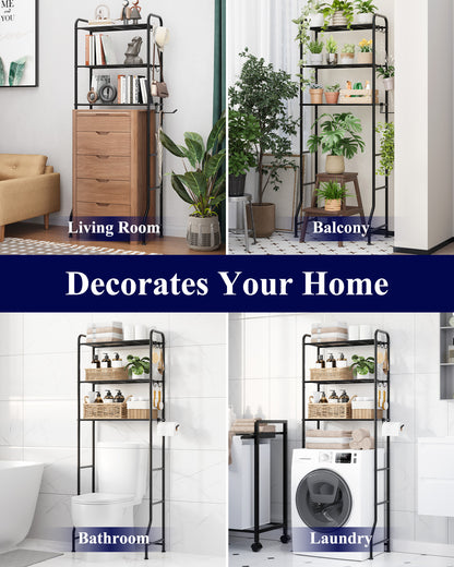 Kitsure Over Toilet Storage Rack - 3-Tier Bathroom Storage Cabinet with Paper Holder and Hooks, Metal Over Toilet Bathroom Organizer Shelf, 24.25" x 12.80" x 63.19"