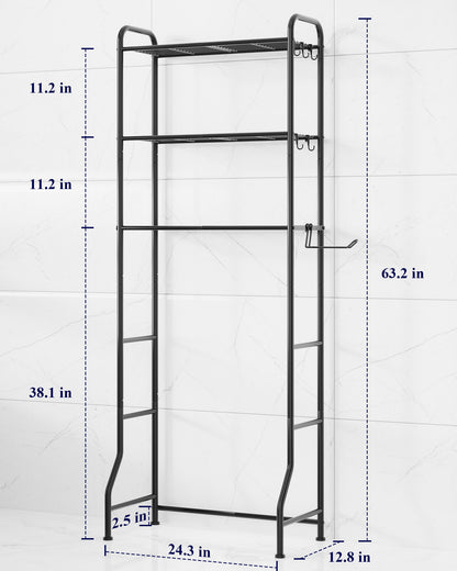 Kitsure Over Toilet Storage Rack - 3-Tier Bathroom Storage Cabinet with Paper Holder and Hooks, Metal Over Toilet Bathroom Organizer Shelf, 24.25" x 12.80" x 63.19"