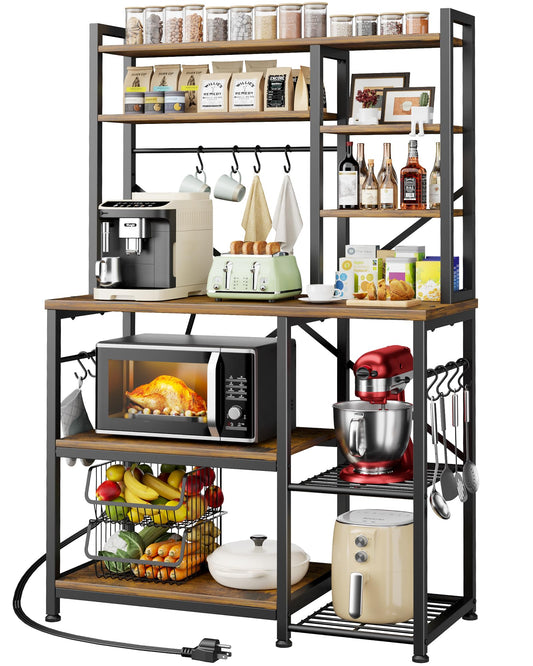 Kitsure Baker's Rack with Power Outlet - Storage Rack with Kitchen Shelves and 12 Hooks, Versatile Coffee Bar and Microwave Stand for Appliances, Pantry, Home Organization,Brown, 38.0" x 15.5" x 67.0"
