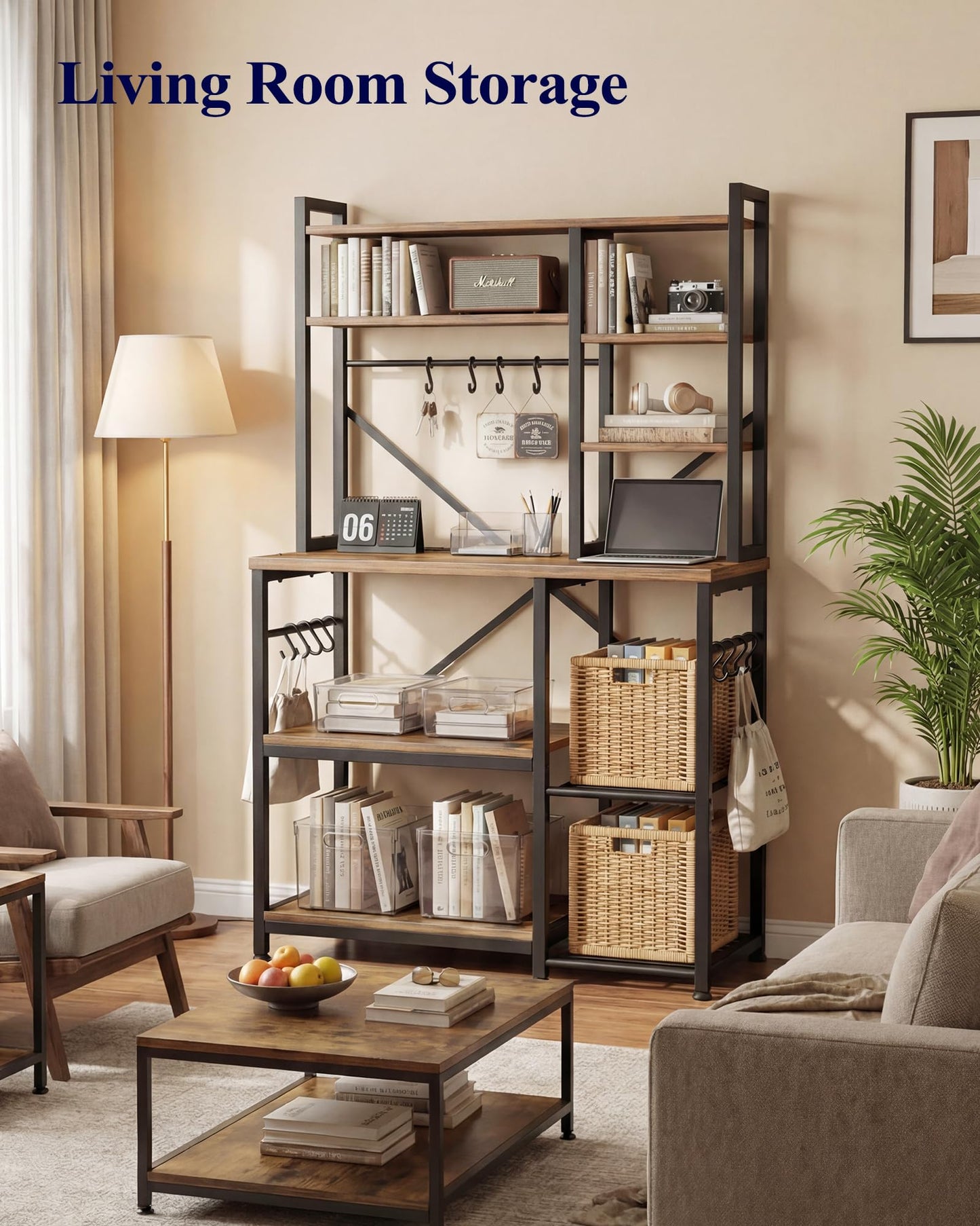 Kitsure Baker's Rack with Power Outlet - Storage Rack with Kitchen Shelves and 12 Hooks, Versatile Coffee Bar and Microwave Stand for Appliances, Pantry, Home Organization,Brown, 38.0" x 15.5" x 67.0"