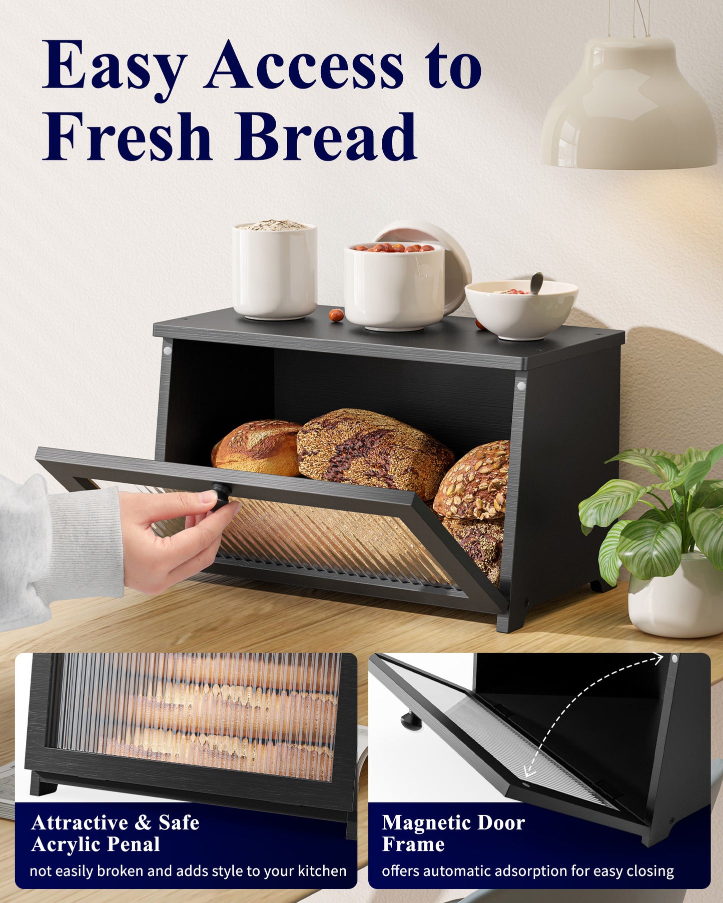 Kitsure Bread Box - Wooden Bread Box for Kitchen Countertop, Large Capacity Kitchen Countertop Organizer, Stylish Bread Storage with Window, Multi-functional Container, Black, 15.0"x8.3"x9.1" (1T)