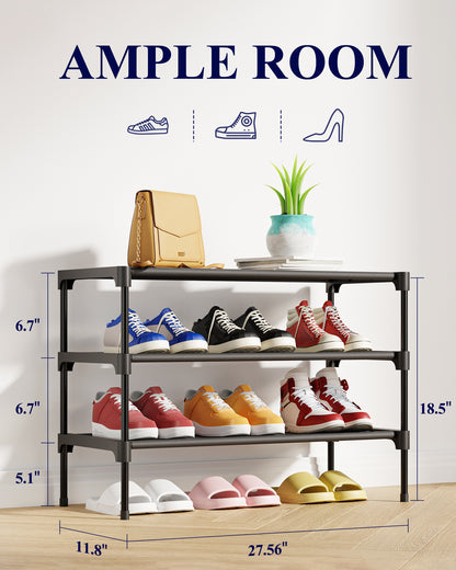 Kitsure 3-Tier Shoe Rack, Shoe Organizer for Closet, Entryway, Garage or Hallway, 11.5" x 27.2" x 18.3", Black