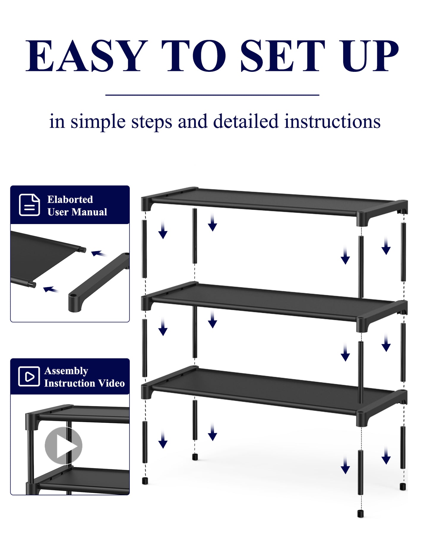 Kitsure 3-Tier Shoe Rack, Shoe Organizer for Closet, Entryway, Garage or Hallway, 11.5" x 27.2" x 18.3", Black