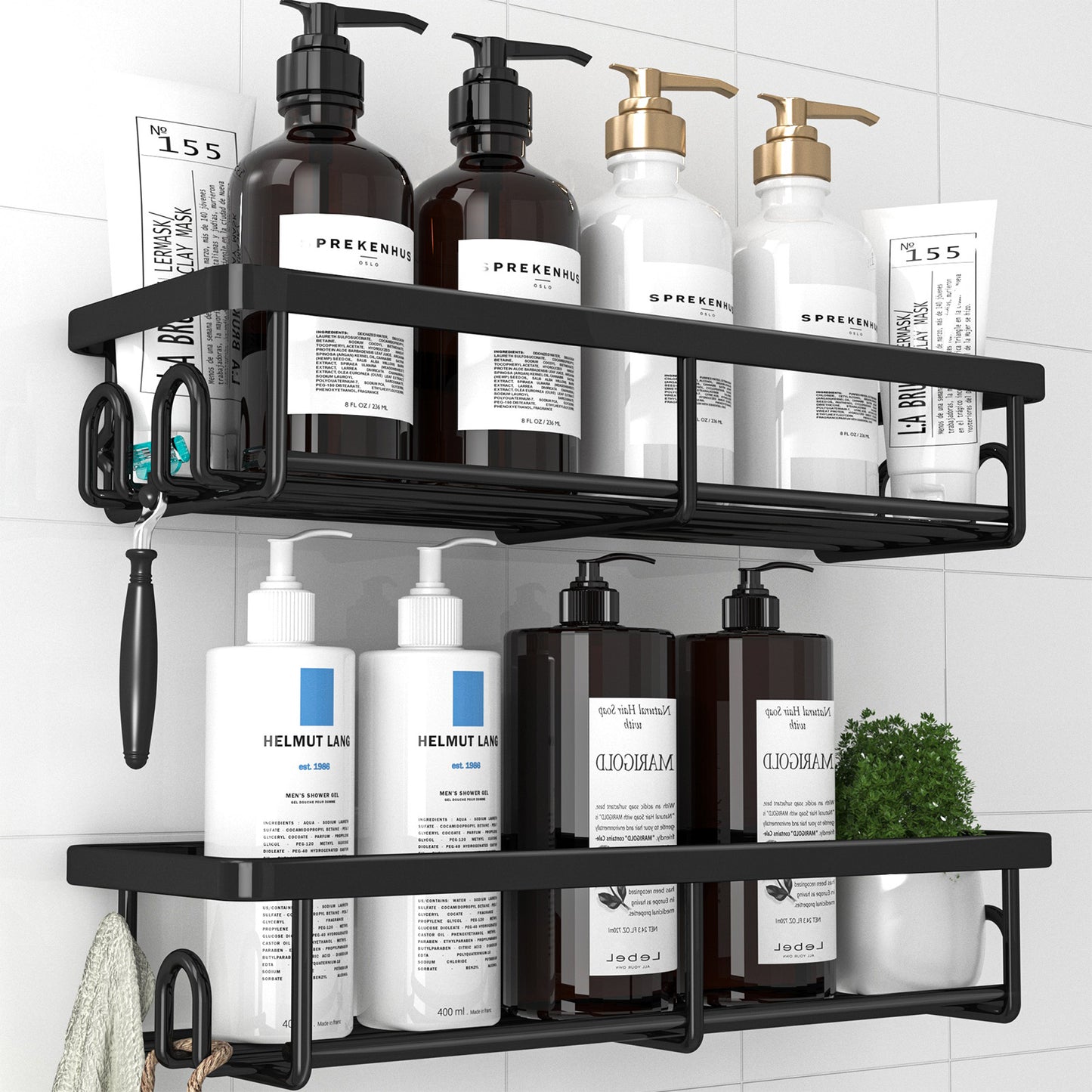 Kitsure Shower Caddy - 2 Pack Rustproof Stainless Steel Bathroom Organiser, Wall-Mounted Shower Shelf with 4 Hooks for Bathroom Storage, Minimalist Style, Large Capacity, 10.0 x 29.5 x 5.5 cm, Black AU4167