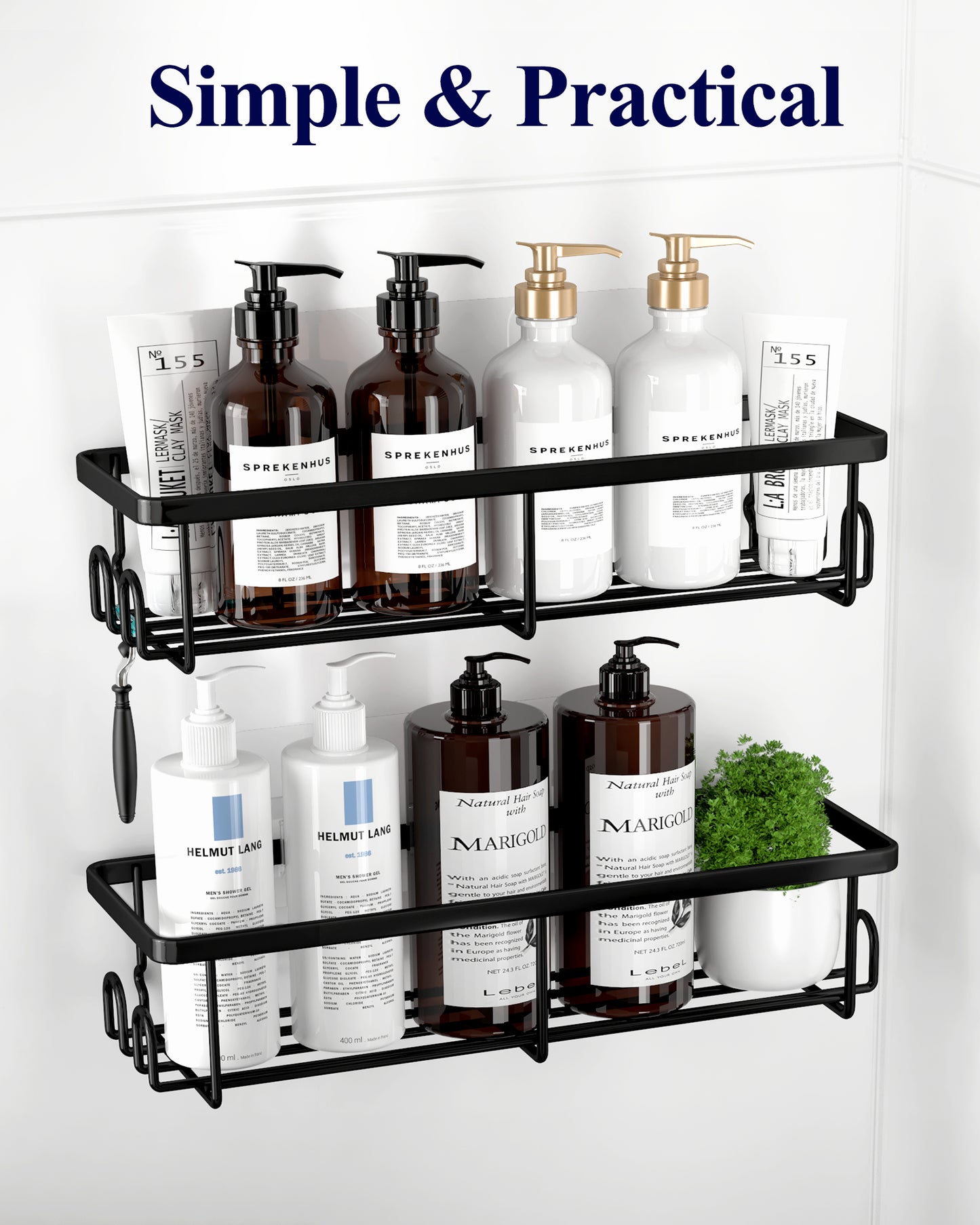 Kitsure Shower Caddy - 2 Pack Rustproof Stainless Steel Bathroom Organiser, Wall-Mounted Shower Shelf with 4 Hooks for Bathroom Storage, Minimalist Style, Large Capacity, 10.0 x 29.5 x 5.5 cm, Black AU4167