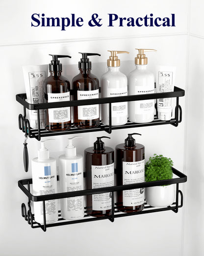 Kitsure Shower Caddy - 2 Pack Rustproof Stainless Steel Bathroom Organiser, Wall-Mounted Shower Shelf with 4 Hooks for Bathroom Storage, Minimalist Style, Large Capacity, 10.0 x 29.5 x 5.5 cm, Black AU4167