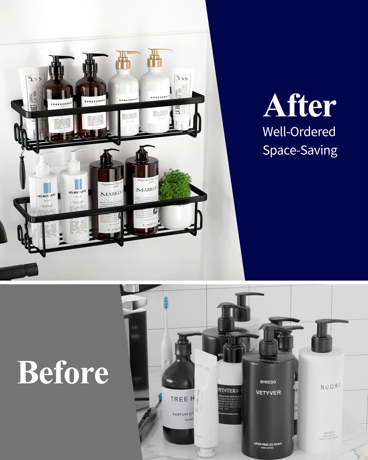 Kitsure Shower Caddy - 2 Pack Rustproof Stainless Steel Bathroom Organiser, Wall-Mounted Shower Shelf with 4 Hooks for Bathroom Storage, Minimalist Style, Large Capacity, 10.0 x 29.5 x 5.5 cm, Black AU4167