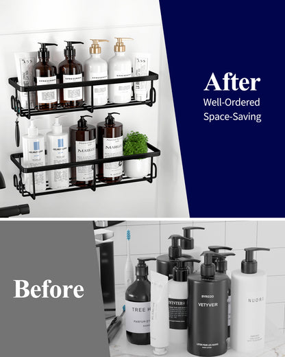 Kitsure Shower Caddy - 2 Pack Rustproof Stainless Steel Bathroom Organiser, Wall-Mounted Shower Shelf with 4 Hooks for Bathroom Storage, Minimalist Style, Large Capacity, 10.0 x 29.5 x 5.5 cm, Black AU4167