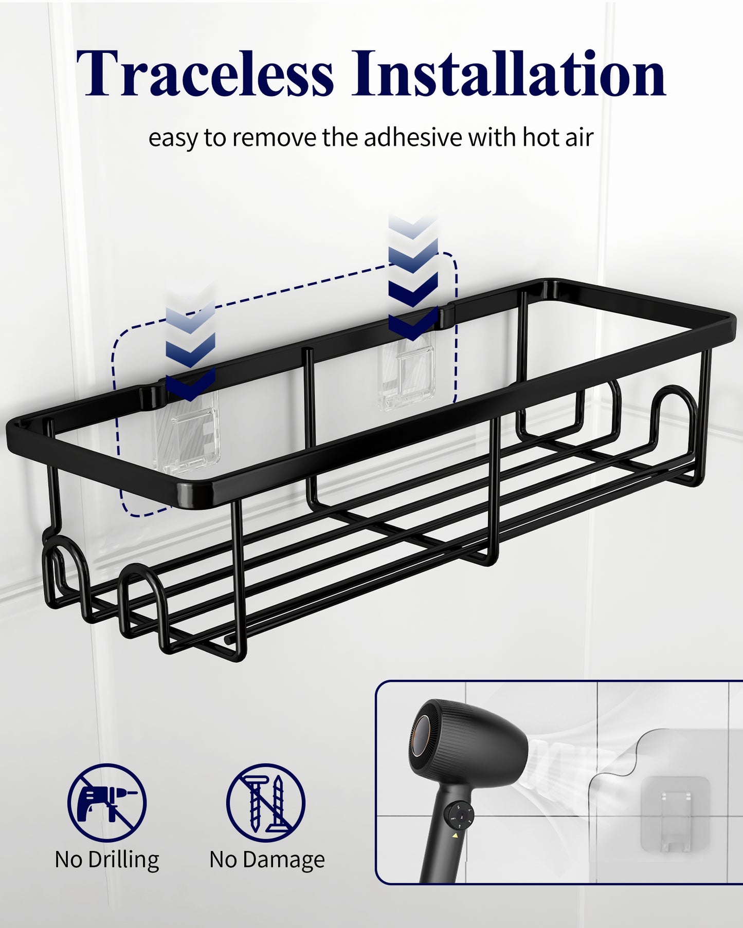 Kitsure Shower Caddy - 2 Pack Rustproof Stainless Steel Bathroom Organiser, Wall-Mounted Shower Shelf with 4 Hooks for Bathroom Storage, Minimalist Style, Large Capacity, 10.0 x 29.5 x 5.5 cm, Black AU4167