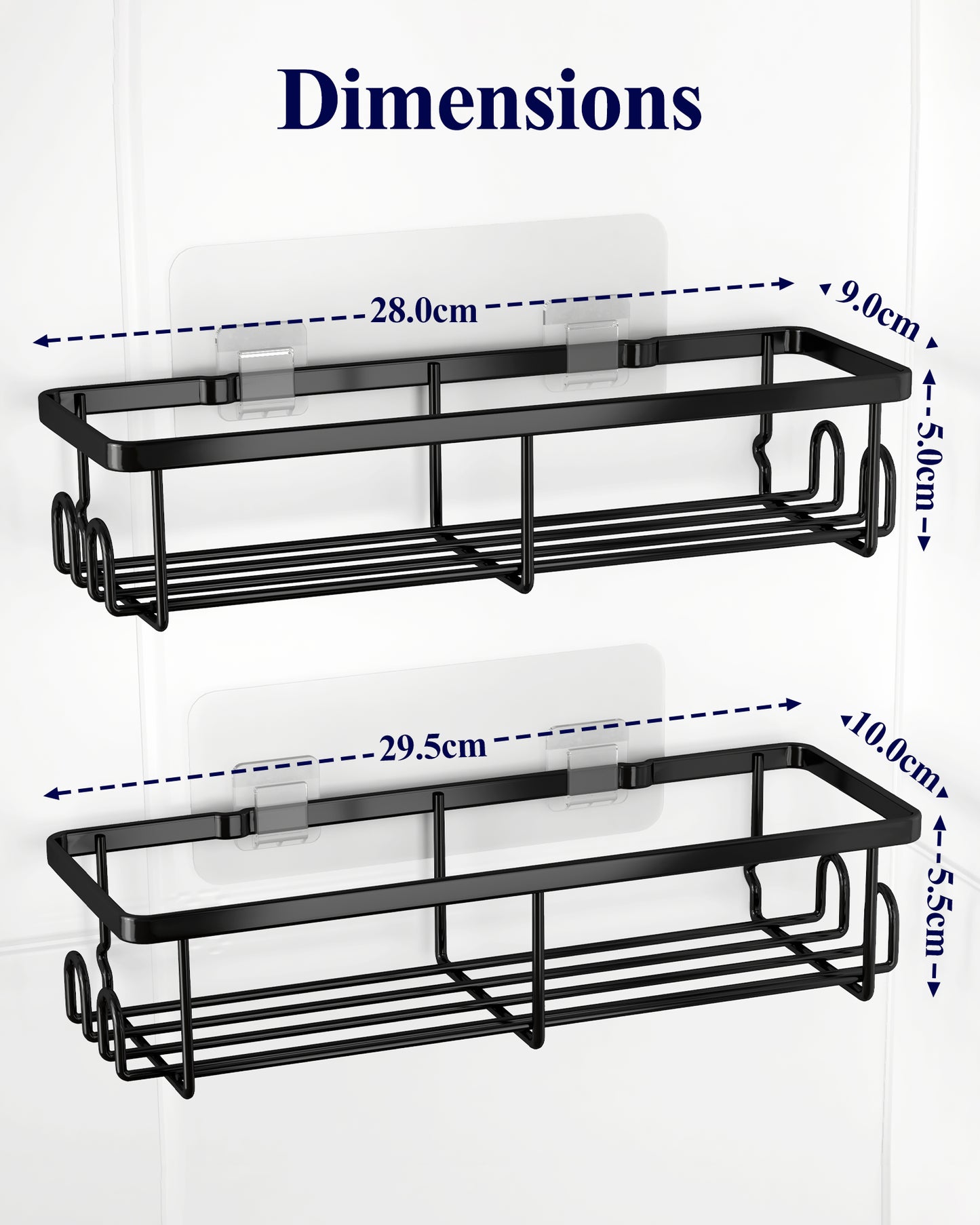 Kitsure Shower Caddy - 2 Pack Rustproof Stainless Steel Bathroom Organiser, Wall-Mounted Shower Shelf with 4 Hooks for Bathroom Storage, Minimalist Style, Large Capacity, 10.0 x 29.5 x 5.5 cm, Black AU4167