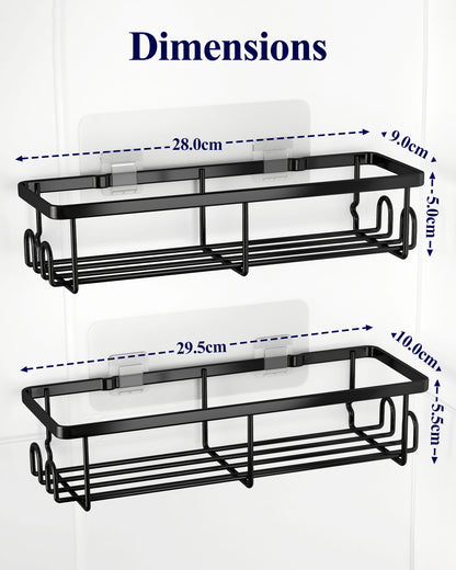 Kitsure Shower Caddy - 2 Pack Rustproof Stainless Steel Bathroom Organiser, Wall-Mounted Shower Shelf with 4 Hooks for Bathroom Storage, Minimalist Style, Large Capacity, 10.0 x 29.5 x 5.5 cm, Black AU4167