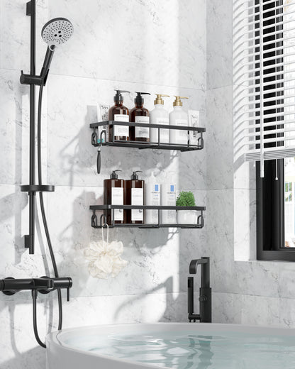 Kitsure Shower Caddy - 2 Pack Rustproof Stainless Steel Bathroom Organiser, Wall-Mounted Shower Shelf with 4 Hooks for Bathroom Storage, Minimalist Style, Large Capacity, 10.0 x 29.5 x 5.5 cm, Black AU4167