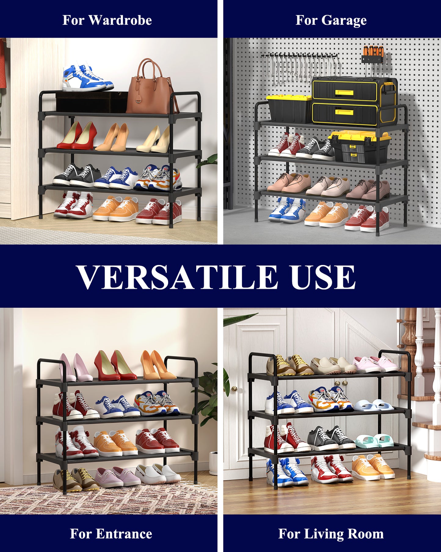 Kitsure 3-Tier Shoe Rack for Closet, Sturdy Shoe Organizer, 27.6" x 11.8" x 22.6", Black