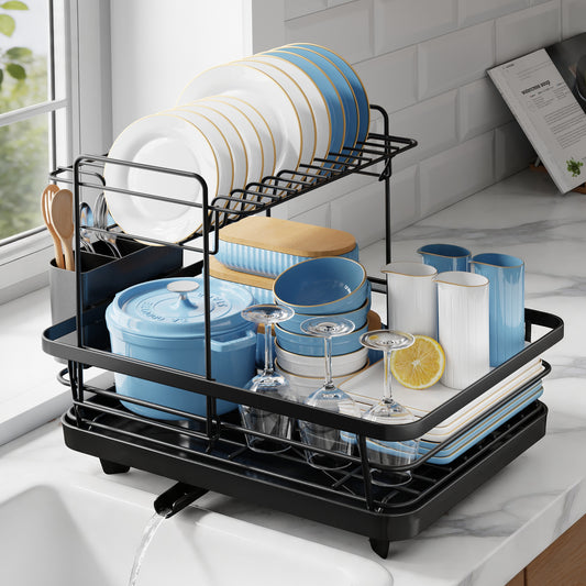 Kitsure 2-Tier Dish Drying Rack for Kitchen Counter, Stainless Steel Dish Drainer with Cutlery Holder, Sink Organization and Storage Rack for Plates, Bowls and Cups, 12" W x 15" L, Black