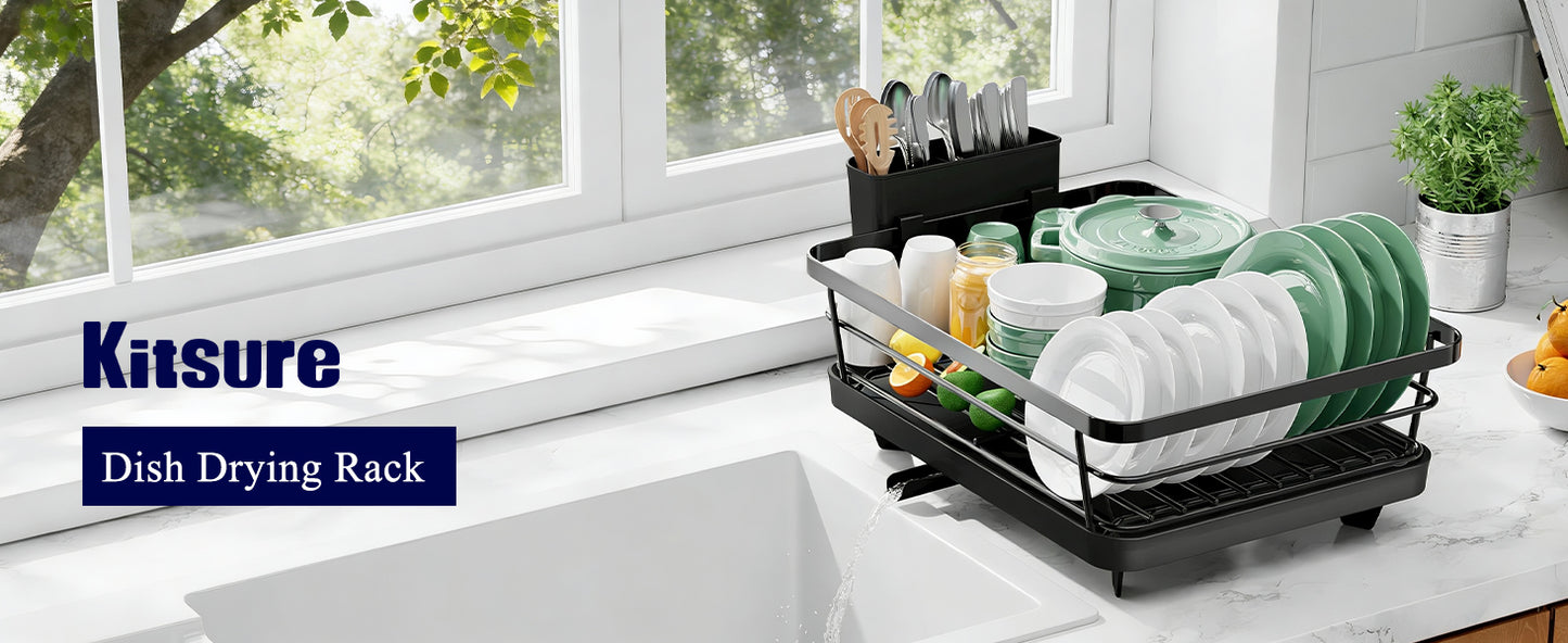 Kitsure Dish Drying Rack for Kitchen Counter, Stainless Steel Sink Organization and Storage Essentials with Cutlery Holder, Home and Appartment Decor, 12''W x 15.5''L, Black