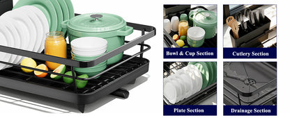 Kitsure Dish Drying Rack for Kitchen Counter, Stainless Steel Sink Organization and Storage Essentials with Cutlery Holder, Home and Appartment Decor, 12''W x 15.5''L, Black