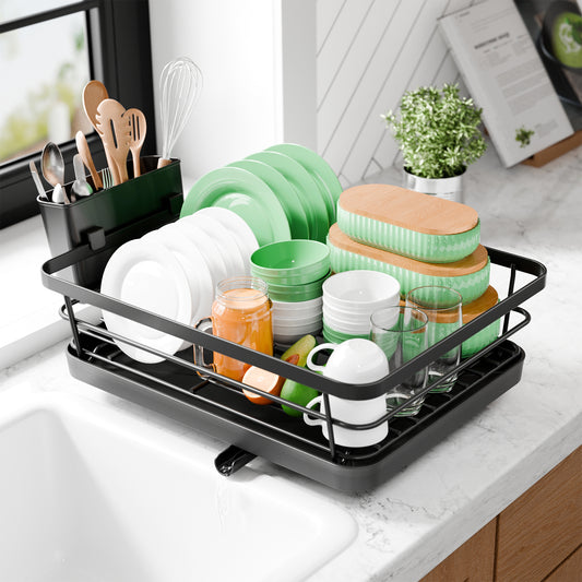 Kitsure Dish Drying Rack - Compact Dish Rack with Utensil Holder & Adjustable Water Outlet, Rust-Proof & Scratch-Resistant Drying Rack for Kitchen, 15.5" x 12.0" x 5.0", Black