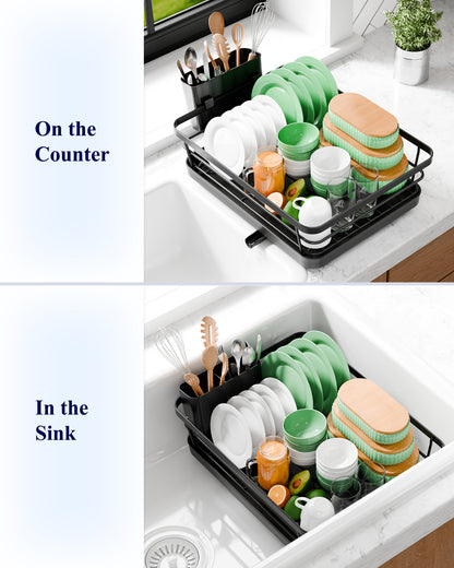 Kitsure Dish Drying Rack - Compact Dish Rack with Utensil Holder & Adjustable Water Outlet, Rust-Proof & Scratch-Resistant Drying Rack for Kitchen, 15.5" x 12.0" x 5.0", Black