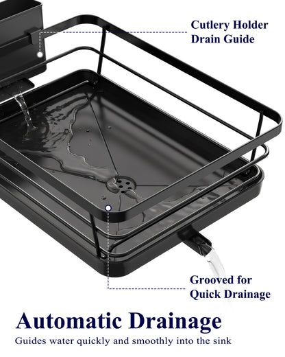 Kitsure Dish Drying Rack for Kitchen Counter, Stainless Steel Sink Organization and Storage Essentials with Cutlery Holder, Home and Appartment Decor, 12''W x 15.5''L, Black