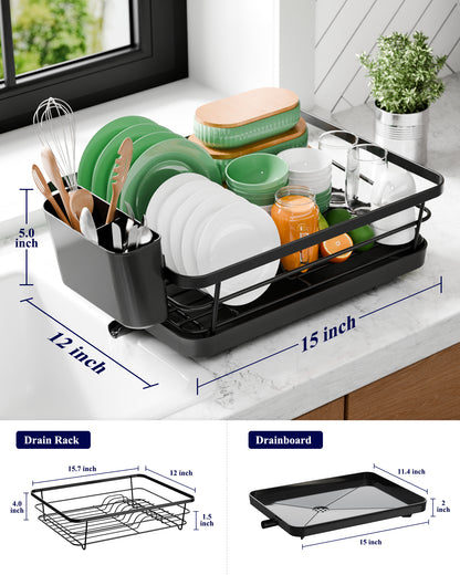 Kitsure Dish Drying Rack - Compact Dish Rack with Utensil Holder & Adjustable Water Outlet, Rust-Proof & Scratch-Resistant Drying Rack for Kitchen, 15.5" x 12.0" x 5.0", Black
