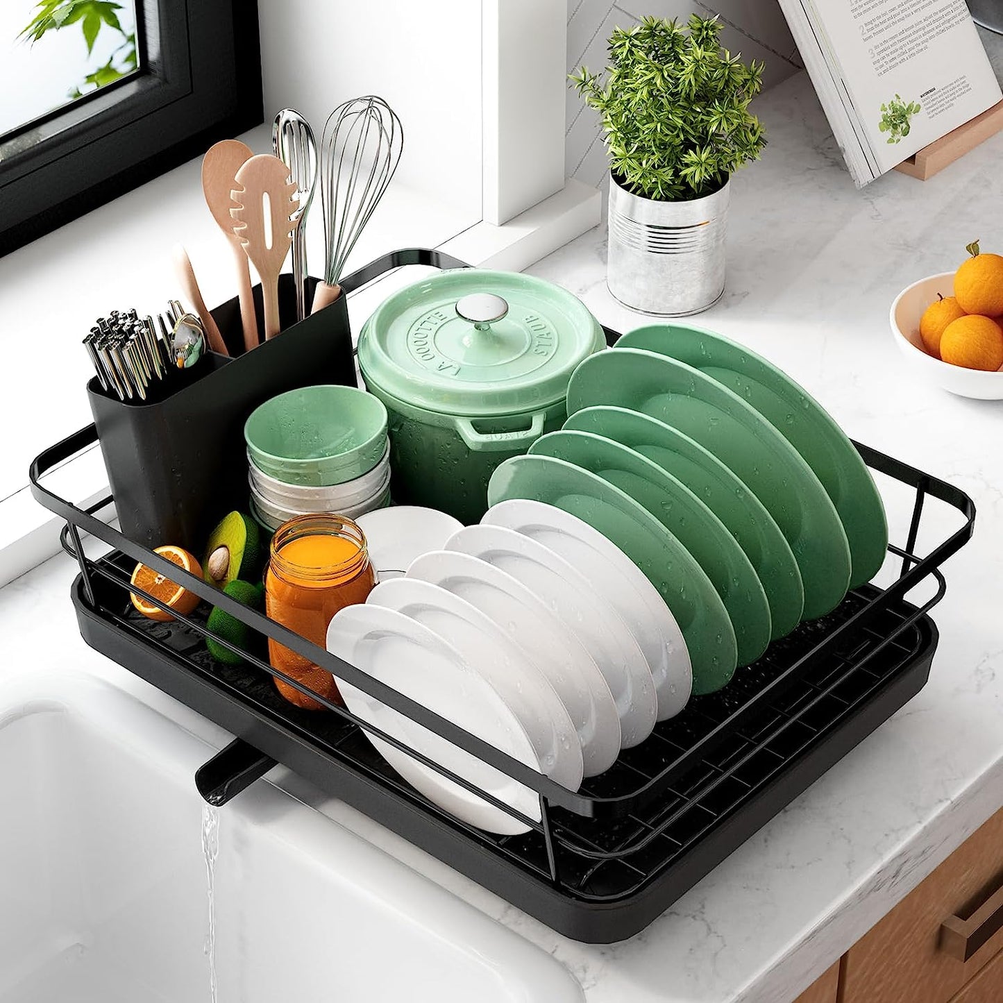 Small Dish Rack with Tray Compact Dish Drainer for Kitchen Counter Cabinet