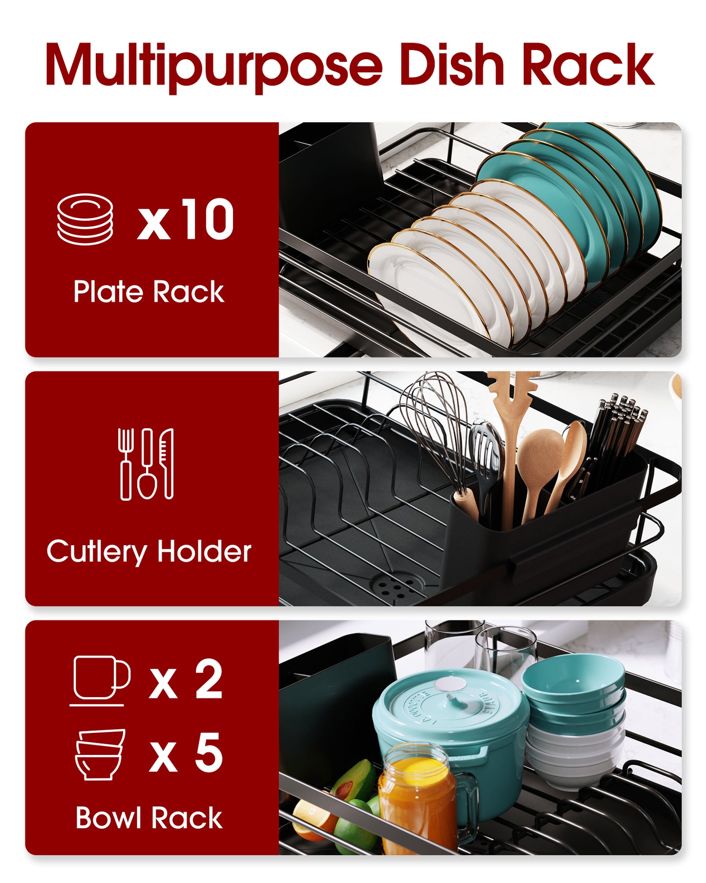 Dish Drying Rack - Stainless Steel Dish Rack with Drainboard for Kitchen Counter and Sink, Large, Silver15.8"D x 12"W x 5"H