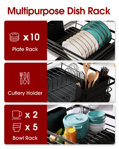 Dish Drying Rack - Stainless Steel Dish Rack with Drainboard for Kitchen Counter and Sink, Large, Silver15.8"D x 12"W x 5"H