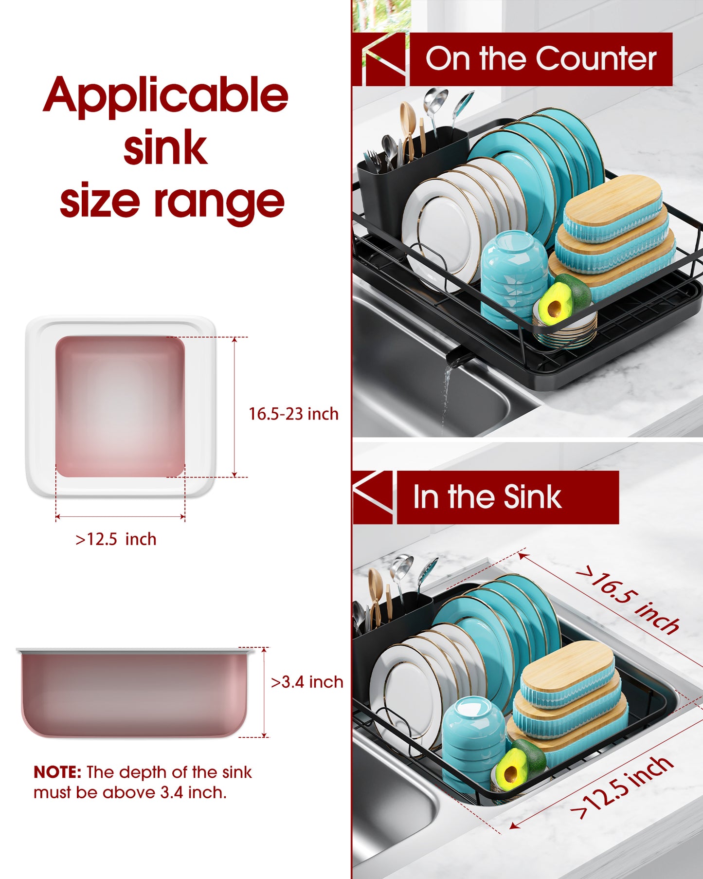 Dish Drying Rack - Stainless Steel Dish Rack with Drainboard for Kitchen Counter and Sink, Large, Silver15.8"D x 12"W x 5"H