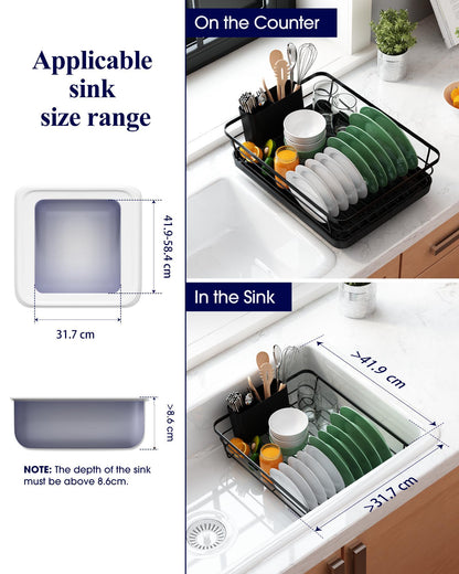 Kitsure Dish Drying Rack for Kitchen Counter, Stainless Steel Sink Organization and Storage Essentials with Cutlery Holder, Home and Appartment Decor, 12''W x 15.5''L, Black