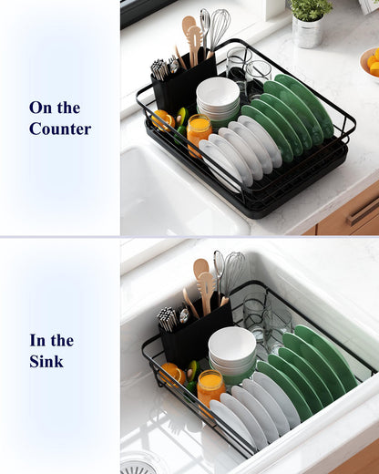 Kitsure Dish Drying Rack for Kitchen Counter, Stainless Steel Sink Organization and Storage Essentials with Cutlery Holder, Home and Appartment Decor, 12''W x 15.5''L, Black