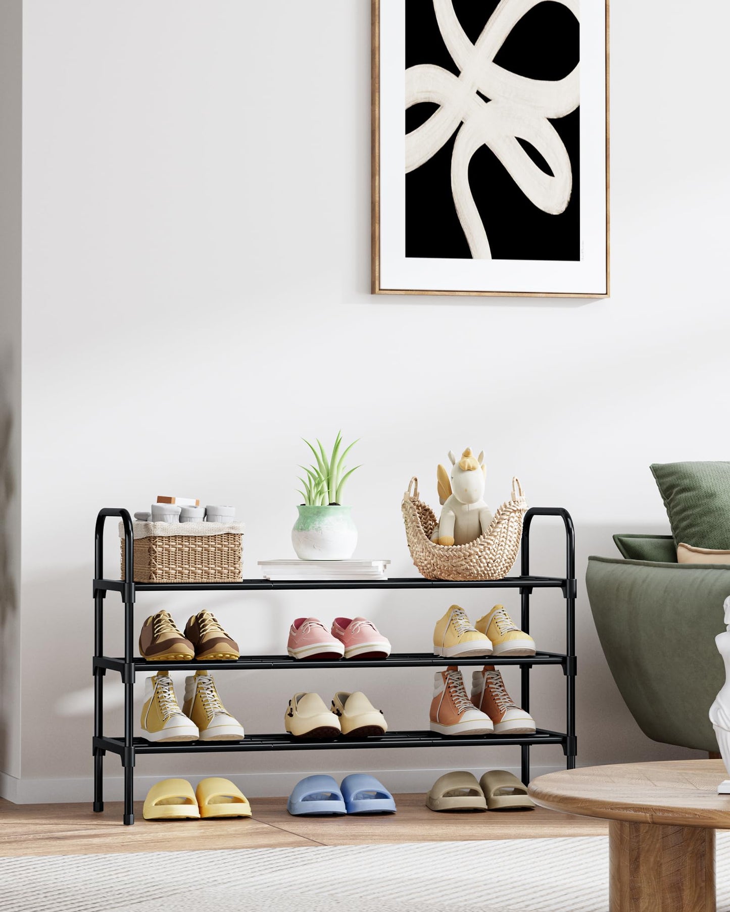 Kitsure Shoe Rack - 3-Tier Space-Saving Shoe Organizer & Shoe Shelf with Handle, Easy Assembly, Sturdy Metal Shoe Rack for Closet, Entryway, Bedroom, 28.0" x 11.8" x 26.5", Black