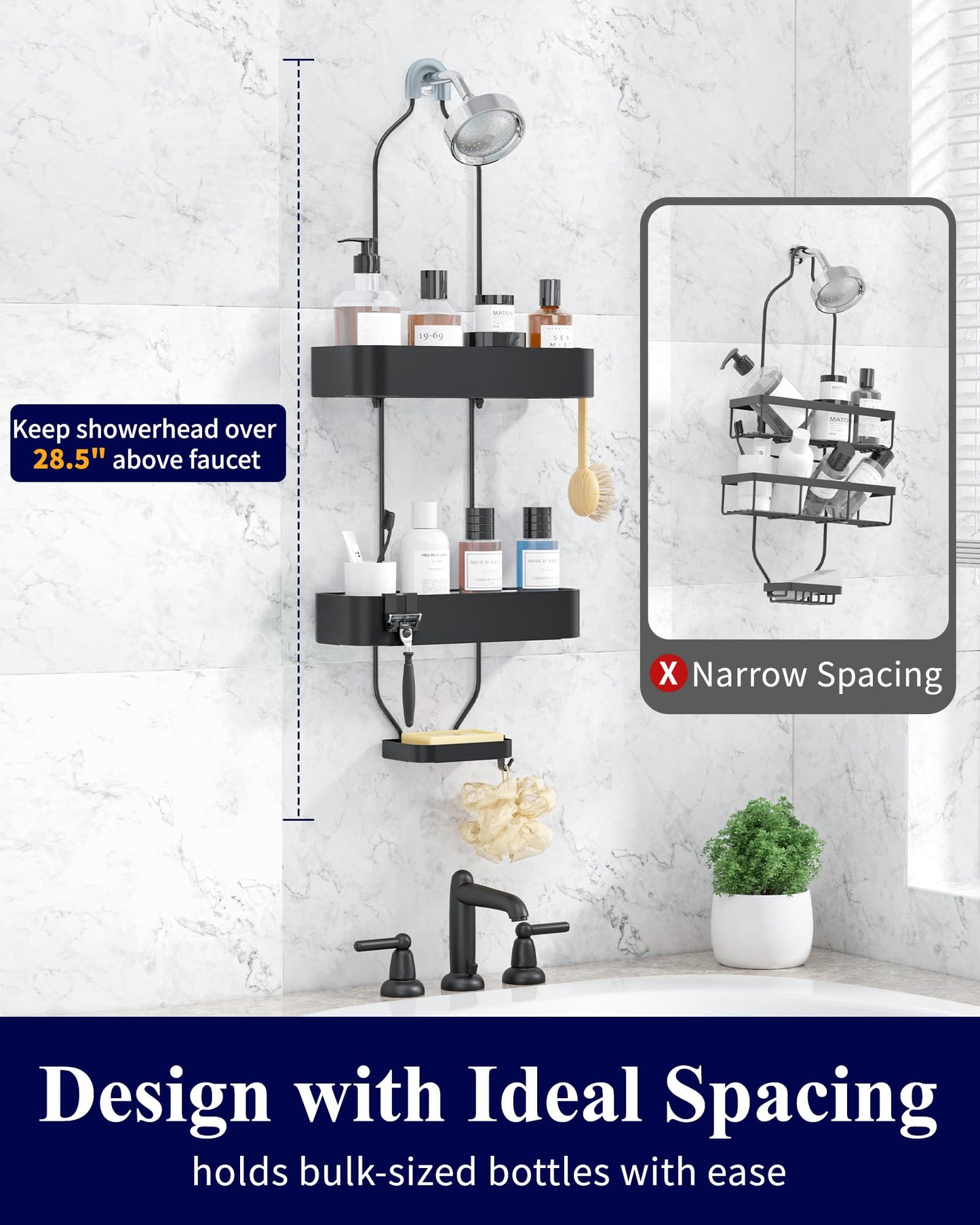 Kitsure Shower Caddy Hanging - No-Drill Bathroom Organizers and Storage, Wobble-Free Bathroom Shelves with Adhesive Tapes, Rust-Proof Shower Storage for Toiletries, Black, 28.5" H