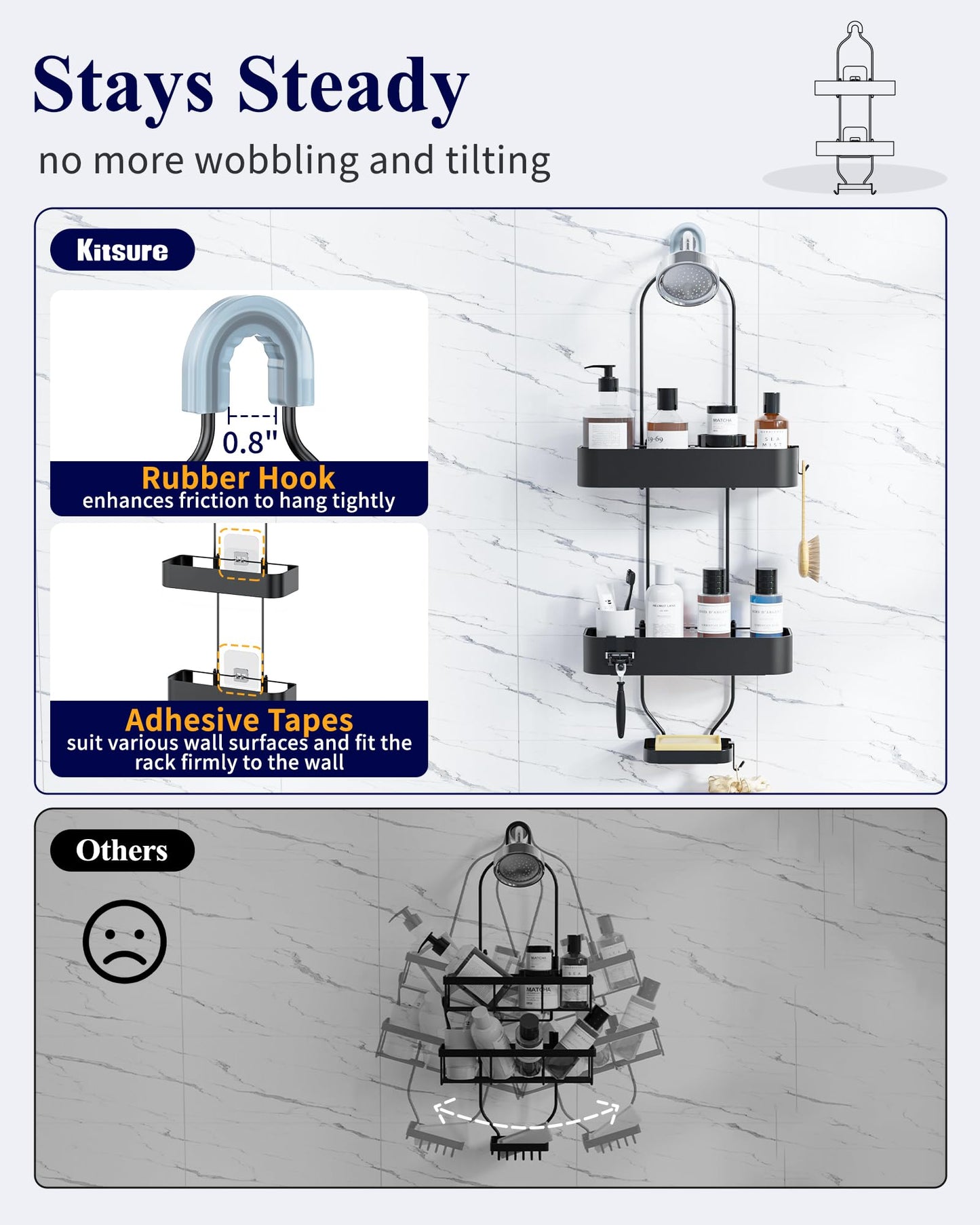 Kitsure Shower Caddy Hanging - No-Drill Bathroom Organizers and Storage, Wobble-Free Bathroom Shelves with Adhesive Tapes, Rust-Proof Shower Storage for Toiletries, Black, 28.5" H