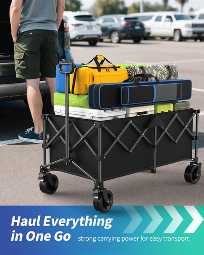 45.5" L Kitsure Collapsible Wagon - Heavy Duty Foldable Wagon with 440lbs Capacity, Adjustable Handle, Shopping Cart with Wheels for Camping, Groceries, Black, 45.5" x 24.0" x 38.0"