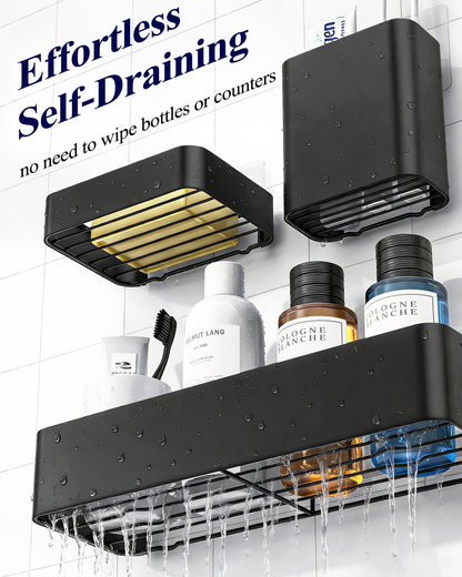 Kitsure Shower Caddy Adhesive - 6-Pack, No-Drilling Shower Shelves with Soap Holder, Toothbrush Holde, 6 Hooks, Rustproof & Stylish Bathroom Organizers and Storage Solution, Black, Large