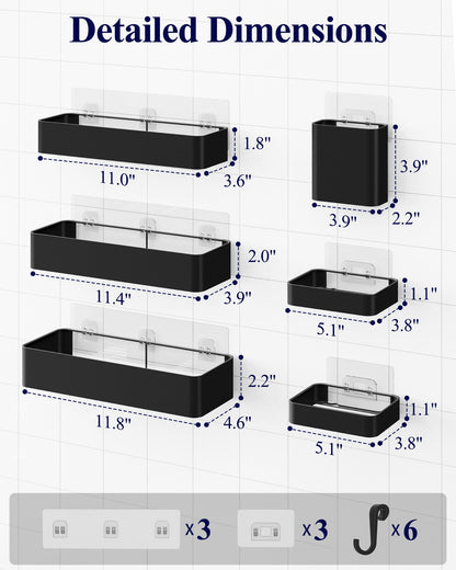 Kitsure Shower Caddy Adhesive - 6-Pack, No-Drilling Shower Shelves with Soap Holder, Toothbrush Holde, 6 Hooks, Rustproof & Stylish Bathroom Organizers and Storage Solution, Black, Large