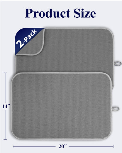Kitsure Dish Drying Mat - 2-Pack Washable Microfiber Drying Mat for Kitchen Counter, 3-Layer Ultra Absorbent Pad with a Hanging Hook, 20" x 14", Dark Grey