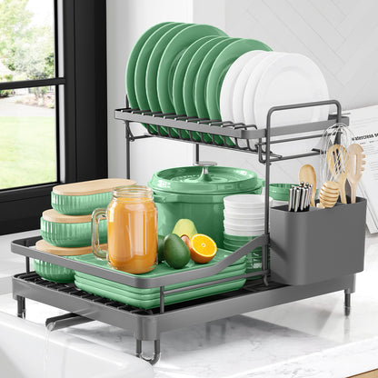 Kitsure Dish Drying Rack - Dish Racks for Kitchen Counter, 2-Tier Dish Rack w/a Cutlery Holder, Compact Dish Drainers for Kitchen Counter, Stainless Drying Rack for Kitchen（4033）