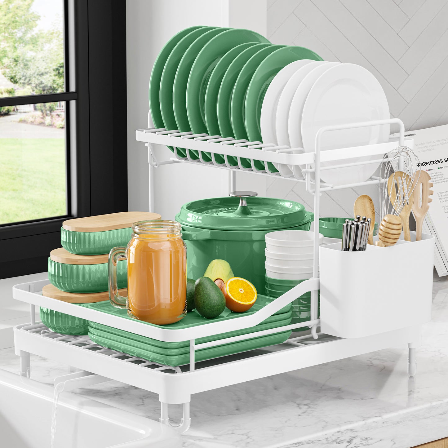 Kitsure Dish Drying Rack - Dish Racks for Kitchen Counter, 2-Tier Dish Rack w/a Cutlery Holder, Compact Dish Drainers for Kitchen Counter, Stainless Drying Rack for Kitchen（4033）