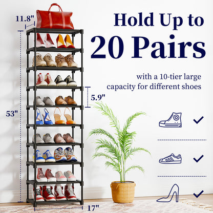 Kitsure Shoe Organizer - 10-Tier Tall Shoe Rack for Closet, Entryway, Sturdy Shoe Shelf w/Large Capacity for up to 20 Pairs, Space-Saving Narrow Shoe Rack w/Easy Assembly Fits Boots, Heels（4052）